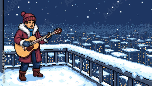 Pixelated man in a winter coat plays an acoustic guitar on a snowy rooftop overlooking a city at night in a retro 8-bit video game style