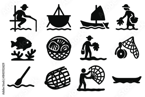 Coastal Fishing Icons. Solid style icons of coastal fishing traditions: stilt fisherman, tidal net, outrigger canoe, coral reef