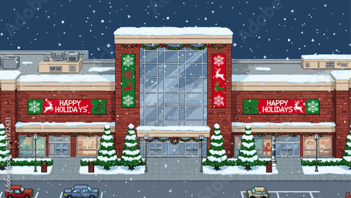 Pixel art shopping mall building decorated for the holidays with festive signs and garlands during a snowy winter night scene in a retro 8-bit video game style