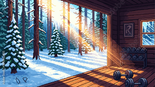 Pixel art home gym inside a rustic log cabin offers a scenic view of a snowy winter forest with warm sunbeams streaming through the pine trees