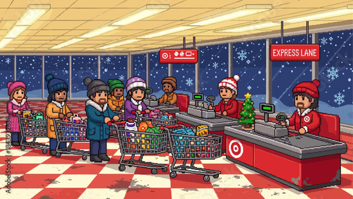 Pixel art scene of people waiting in a long checkout line at a busy supermarket during a snowy winter evening with festive holiday decorations