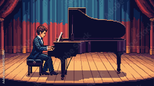 Male pianist in a formal suit plays a beautiful grand piano on a theater stage, a classical music concert scene illustrated in a retro 8-bit pixel art style