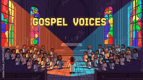 Pixel art gospel choir singing praises inside a beautiful church with colorful stained-glass windows and dramatic lighting creating a spiritual and uplifting atmosphere