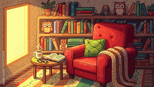 Cozy pixel art illustration of a reading nook with a red armchair, warm blanket, and steaming mug next to a bookshelf in a quiet, sunlit room
