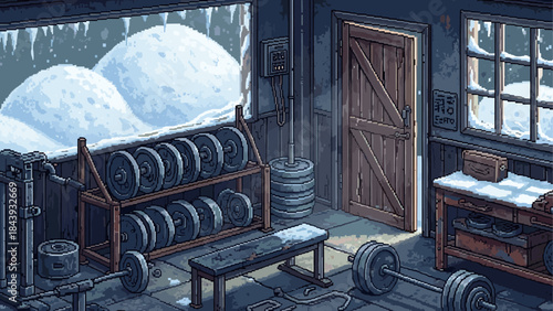 Pixel art illustration of a garage gym filled with weightlifting equipment during a cold, snowy winter day with icicles hanging from the roof and snowdrifts visible outside