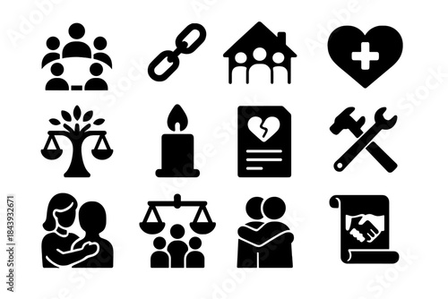 Restorative Justice Icons. Solid style icons of Restorative Justice: circle gathering, broken chain, community house, healing