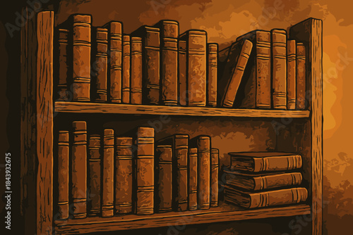 Cozy Bookshelf Glow. Atmospheric shot of a rustic bookshelf filled with old books, warm golden lighting creating a cozy vibe,
