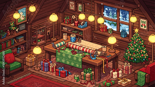 Cozy pixel art Christmas workshop room filled with presents, a decorated tree, and gift wrapping supplies on a table under warm lamplight, showing a snowy winter night outside