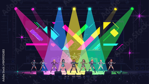 Retro pixel art girl band performing an energetic synchronized dance routine on a concert stage illuminated by a vibrant, colorful light show