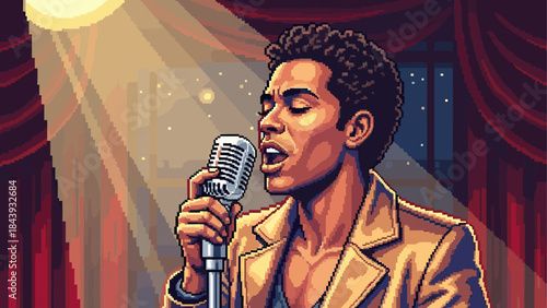 Soulful male singer in a pixel art style passionately performs into a vintage microphone on stage, illuminated by a warm, dramatic spotlight