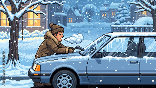 Pixel art illustration of a man in a warm winter jacket scraping ice and snow off his car windshield during a heavy snowfall in a cozy neighborhood