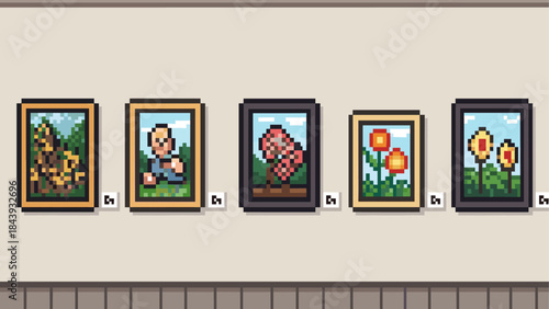 Five pixel art paintings in wooden frames hang in a row at a museum exhibition, showcasing a collection of retro 8-bit style portraits and floral still life artworks