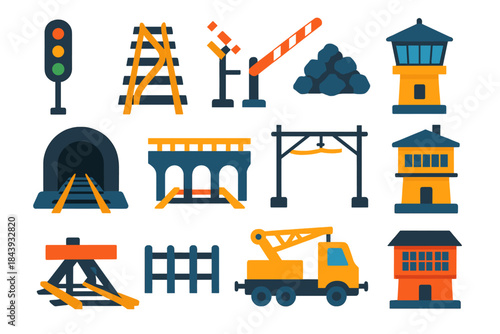 Railway Infrastructure Icons. Flat vector icons of Railway Infrastructure: signal post, track switch, level crossing gate, ballast