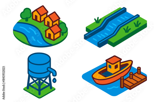 Vibrant Riverside Communities. Isometric vector illustration set Downstream Communities: Riverside village, irrigation channel,
