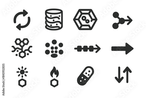 Dynamic Assembly Icons. Solid style icons of dynamic assemblies: reversible bond arrow, responsive gel, adaptive cage, molecular