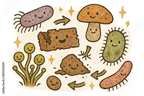 Playful Decay Organisms. Playful doodle experimental decay illustration with happy modern organisms, cartoon bacteria and fungi