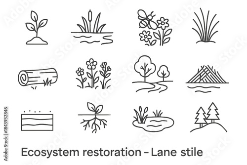Ecosystem Restoration Icons. Line style icons of ecosystem restoration: tree sapling, wetland, pollinator garden, native grass;