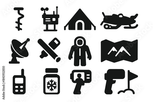 Arctic Research Icons. Solid style icons of Arctic Research: Ice Drill, Weather Station, Research Tent, Snowmobile, Satellite Dish