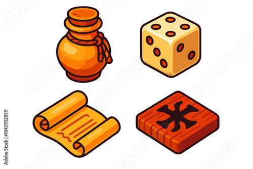 Ancient Game Artifacts. Isometric vector illustration set Ancient Game Artifacts: Sealed clay piece jar, engraved ivory die,