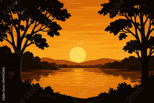 Golden Sunset Serenity. Golden sunset over a tranquil lake framed by silhouetted trees, rich orange and yellow vector illustration