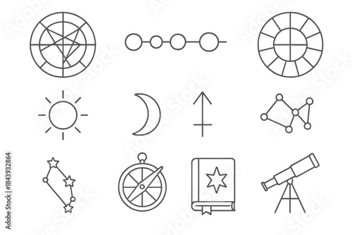 Astrological Tool Icons. Line style icons of Astrological Tools: Birth Chart, Planet Alignment, House Segmentation, Zodiac Sign;