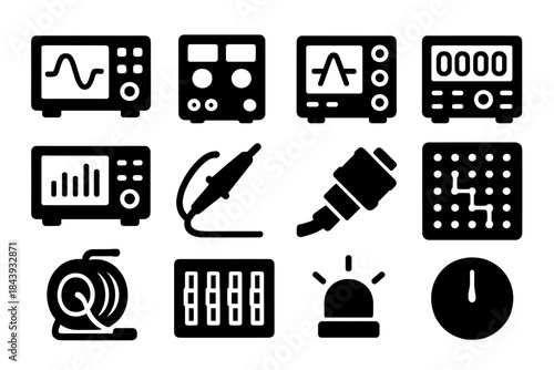Laboratory Electronics Icons. Solid style icons of Laboratory Electronics: Oscilloscope, Power Supply, Function Generator,