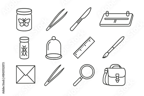 Insect Collecting Tools Icons. Line style icons of insect collecting tools: killing jar, forceps, scalpel, spreading board;