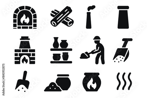 Pottery Kiln Icons. Solid style icons of Pottery Kiln: Brick Kiln, Firewood, Smoke Stack, Chimney, Shelf, Stoker, Coal Shovel, Ash