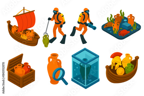 Nautical Archaeology Icons. Isometric vector illustration set Nautical archaeology: ancient vessels, divers with recovery tools,