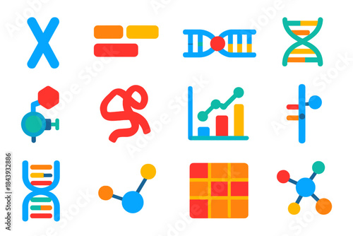 Comparative Genomics Icons. Flat vector icons of comparative genomics: chromosome, gene cluster, mutation point, sequence