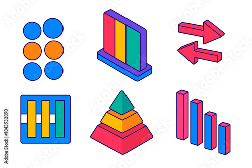 Gestalt Visual Perception Icons. Isometric vector illustration set Visual Perception in Charts: Gestalt grouping icons, color