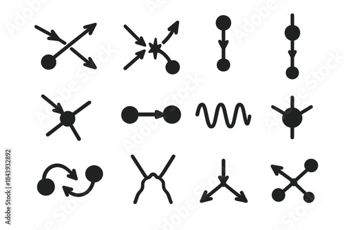 Particle Interaction Icons. Solid style icons of particle interactions: scattering arrows, annihilation icon, pair production,