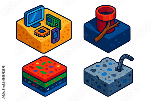 Synthetic Fossil Artifacts. Isometric vector illustration set Synthetic Fossil Formation: E-waste fused with sand, plastic