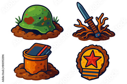 War Relic Icons. Isometric vector illustration set War Relic Discovery: Helmet in dirt, bayonet among roots, journal in canister,
