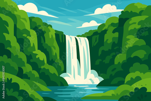 Tranquil Waterfall Vista. Scenic waterfall cascading down lush green cliffs under a vibrant blue sky, tranquil and refreshing