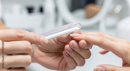 Close up of manicurist hands filing natural nails of female client with glass file. Professional beauty salon procedure for healthy hand care, hygiene, and fingernail shaping service.