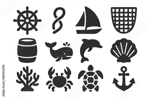 Maritime Culture Icons. Solid style icons of Maritime Culture: Helm, Rope, Sailcloth, Fishing Net, Barrel, Whale, Dolphin, Shell,