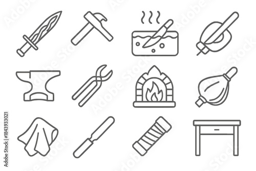 Weapon Crafting Icons. Line style icons of Weapon Crafting: Pattern-Welded Blade, Hammer, Quench Bath, Sharpening Stone; Anvil,