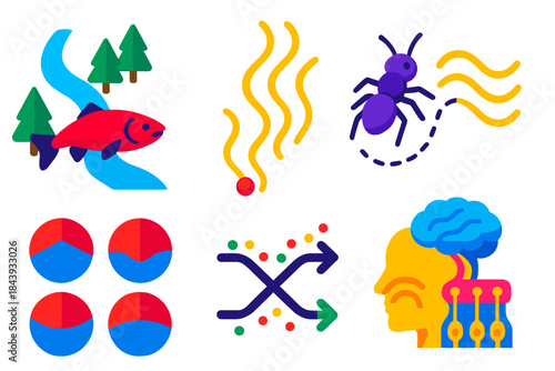 Olfactory Pathways Illustration. Isometric vector illustration set Olfactory maps: salmon navigating rivers, scent trail