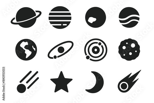 Planetary Solid Icons. Solid style icons of Planetary Study: Saturn, Jupiter, Mars, Venus, Earth, Orbit, Solar System, Asteroid,