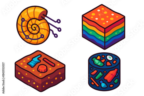 Anthropocene Fossil Indicators. Isometric vector illustration set Anthropocene Fossil Indicators: Future fossil with embedded