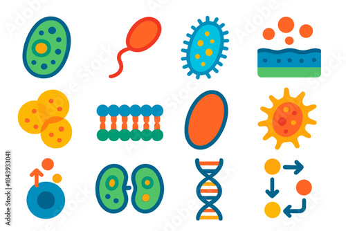 Extraterrestrial Microbial Icons. Flat vector icons of extraterrestrial microbial life: single-celled organism, flagellum, cilia,