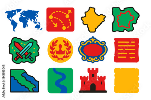 Vibrant Historical Map Icons. Flat vector icons of Historical Maps: world outline, trade route, ancient continent, kingdom border,