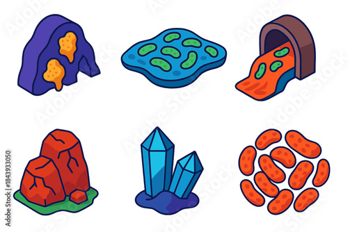 Geomicrobiology Icons. Isometric vector illustration set Geomicrobiology: microbial influence on cave minerals, biofilm mats, acid
