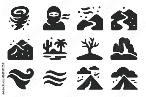 Sandstorm Icon Collection. Solid style icons of Sandstorm Scenes: Whirlwind, Covered Face, Flying Sand, Desert Path, Shifting