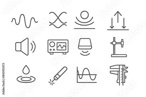 Acoustic Physics Icons. Line style icons of Acoustic Physics: Sound Wave, Standing Wave, Levitated Particle, Anti-Gravity; Speaker
