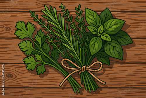 Fresh Herbs on Wood. Close-up of fresh herbs tied with twine resting on a rustic wooden surface, vibrant and earthy tones, perfect
