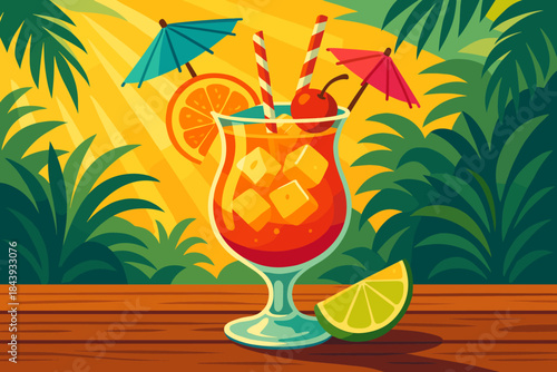 Tropical Cocktail Vibes. Vibrant tropical vector illustration cocktail with colorful umbrellas and garnishes served on a wooden