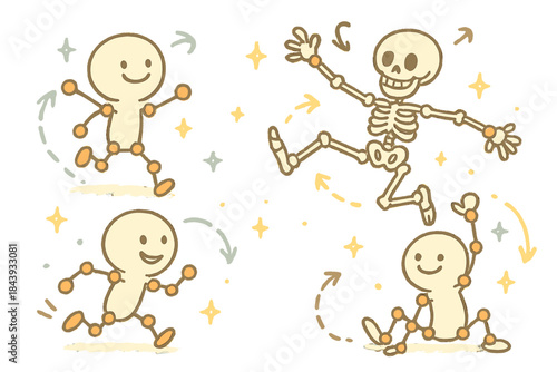 Cheerful Motion Study. Adorable doodle kinesiological motion study with smiling figures, cartoon motion capture markers bouncing,