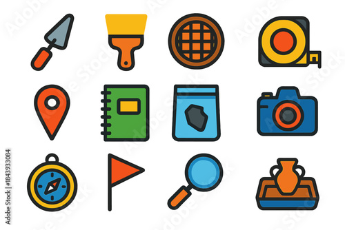 Archaeology Tools Icons. Flat vector icons of archaeological excavation tools: trowel, brush, sieve, measuring tape, GPS marker,
